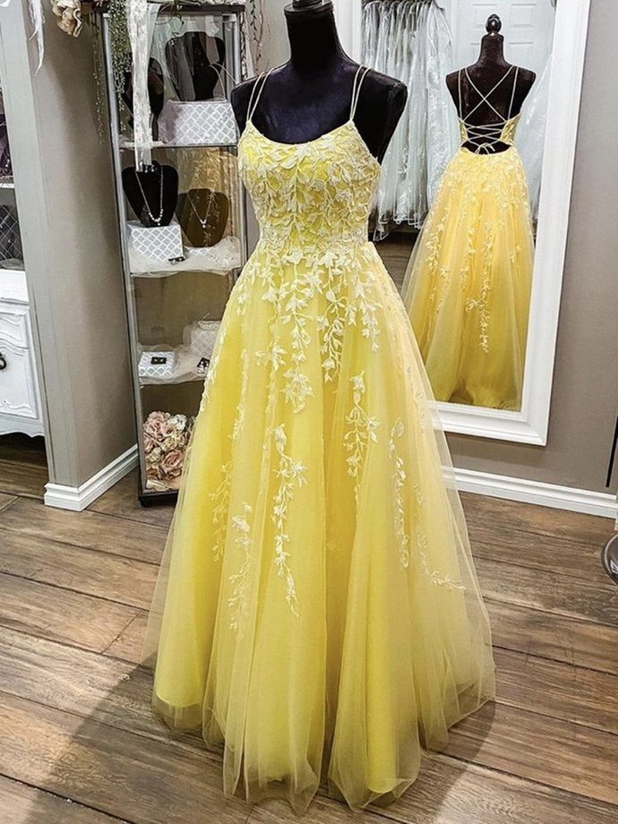 Princess spaghetti straps lace appliques yellow 2 pieces evening gown Prom Dress   cg20172