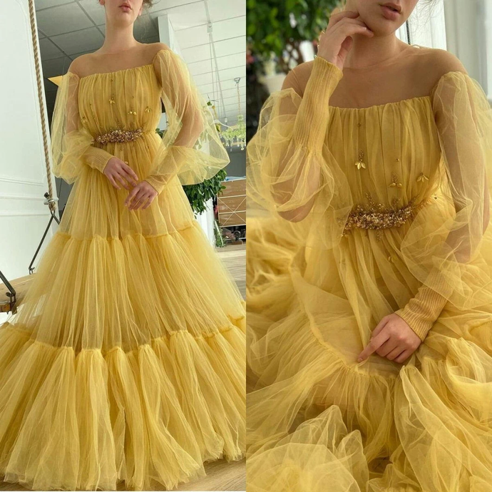Princess yellow long sleeves evening gown Prom Dress   cg20173