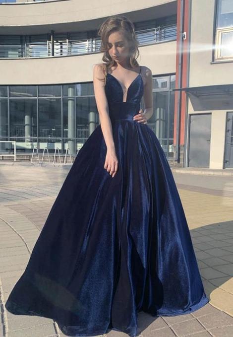 Blue v neck velvet long prom dress evening dress    cg20176