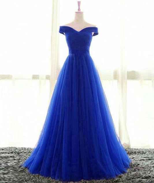 Royal Blue Sweetheart Tulle Long Evening Dresses, Royal Blue Off Shoulder Prom Dresses    cg20179