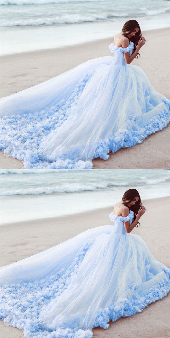 Blue Sweetheart Tulle Long Evening Dresses,  Blue Off Shoulder Prom Dresses    cg20180