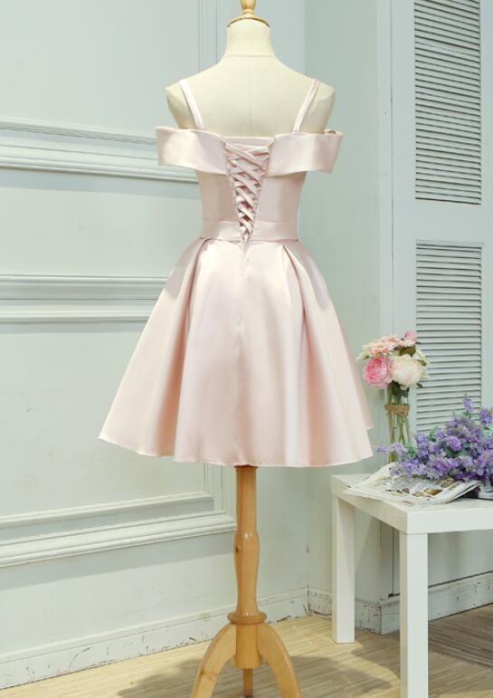 Light Pink Satin Knee Length Off Shoulder Party Dress, Short Pink Homecoming Dress    cg20184