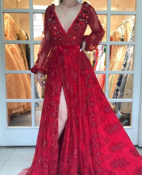 red prom dresses long sleeve lace appliqué 3d flowers beaded elegant prom gown    cg20201