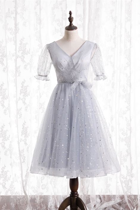 silver A-line short party dress birthday dress with short sleeves homecoming dress    cg20227