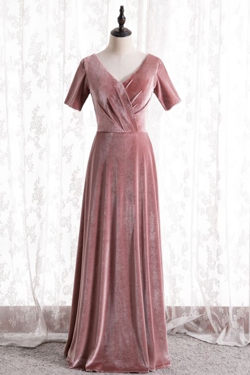 short sleeves blush velvet long party dress bridesmaid dresses prom dress    cg20230