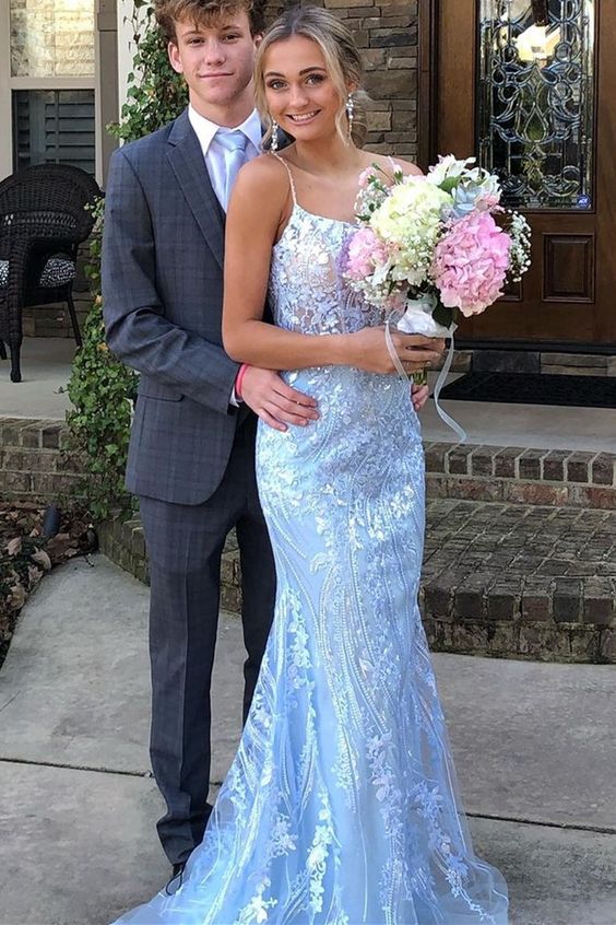 gorgeous mermaid light blue long prom dress formal dress with spaghetti straps   cg20233