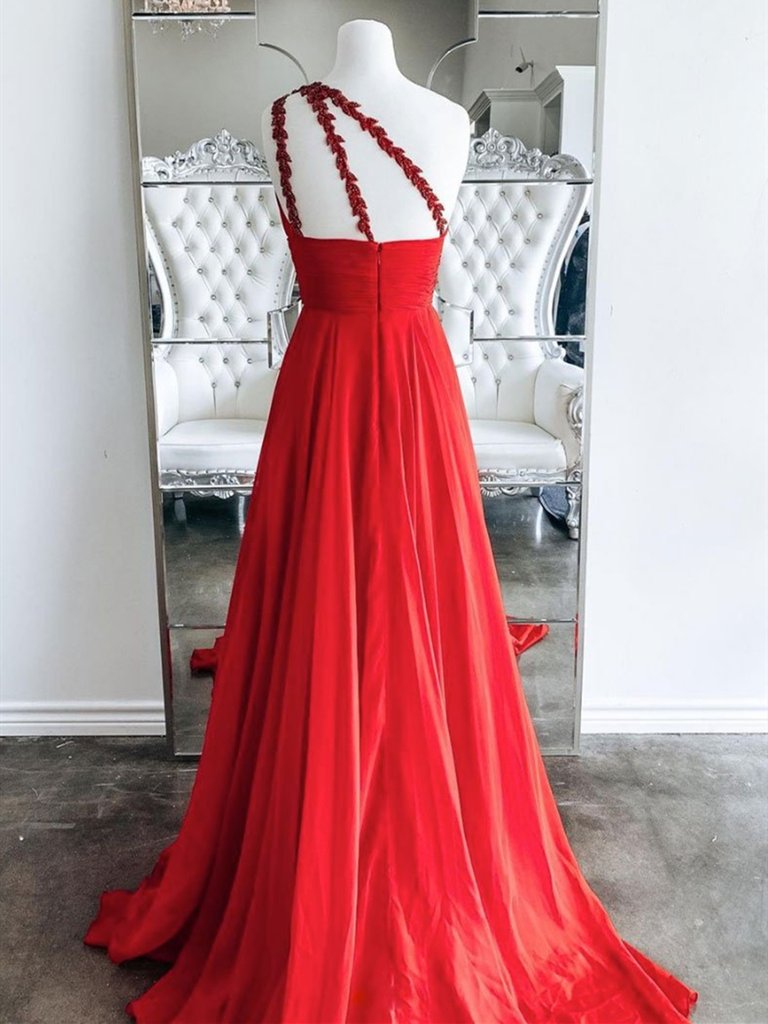 One Shoulder Backless Red Chiffon Long Prom Dresses    cg20242
