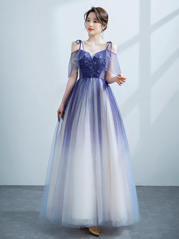 Purple Tulle Gradient Straps Beaded Long Party Dress, New Style A-Line Tulle Prom Dress    cg20253