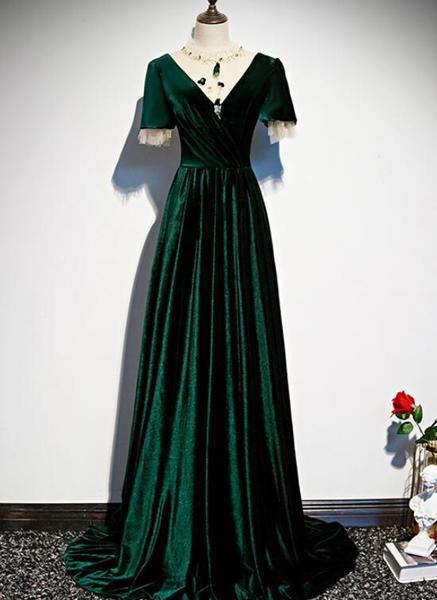 Dark Green Velvet Short Sleeves A-Line Prom Dress    cg20259