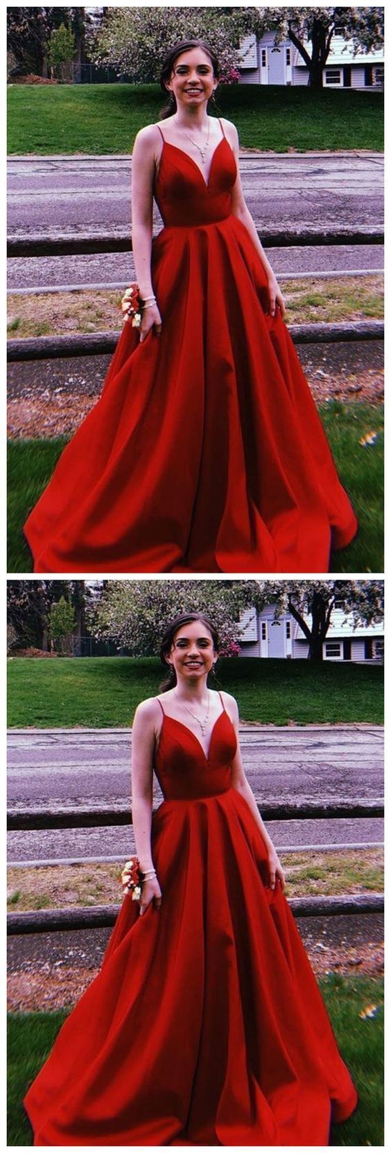 A-Line Spaghetti Straps Sweep Train Red Satin Prom Dress with Pockets    cg20260