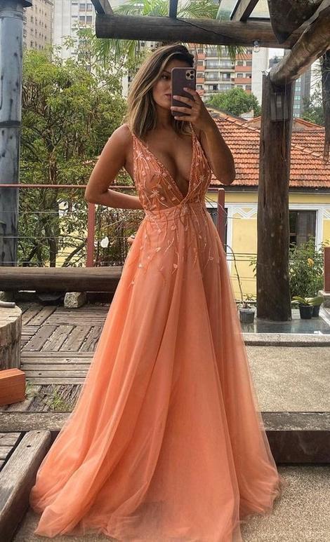 A-line V Neck Orange Prom Dress    cg20268