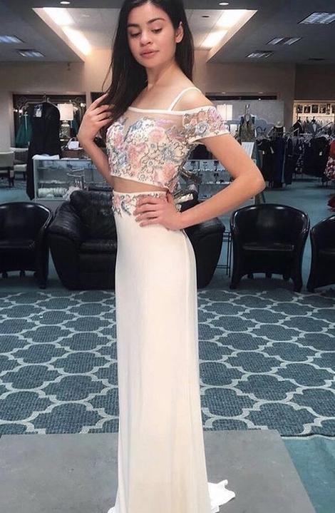 Two piece long prom dress with beaded bodice and waist    cg20272