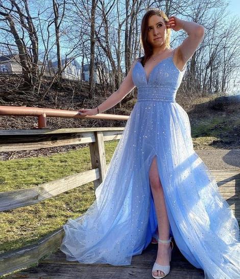 Blue tulle sequins long prom dress    cg20275