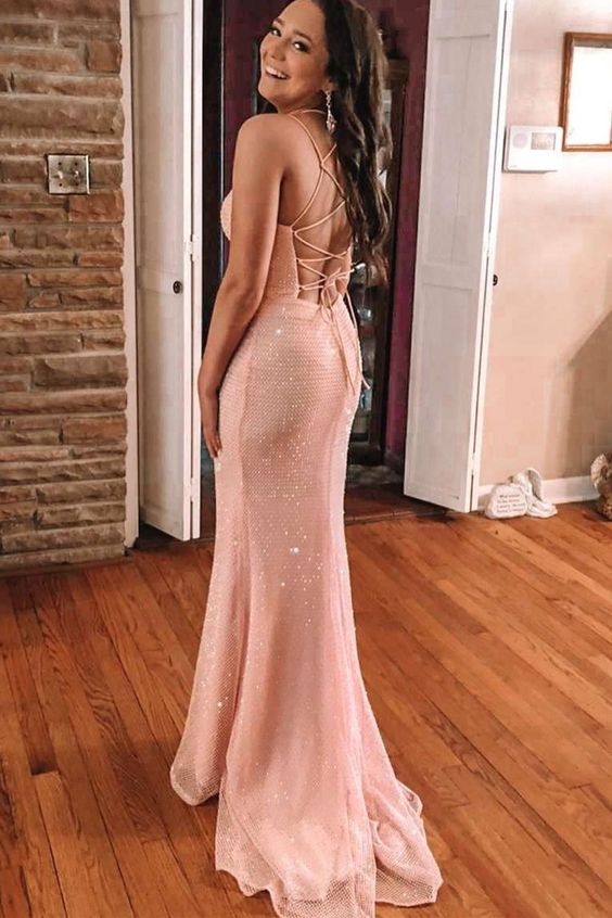 2021 mermaid pink lace up long prom dress formal dress    cg20296