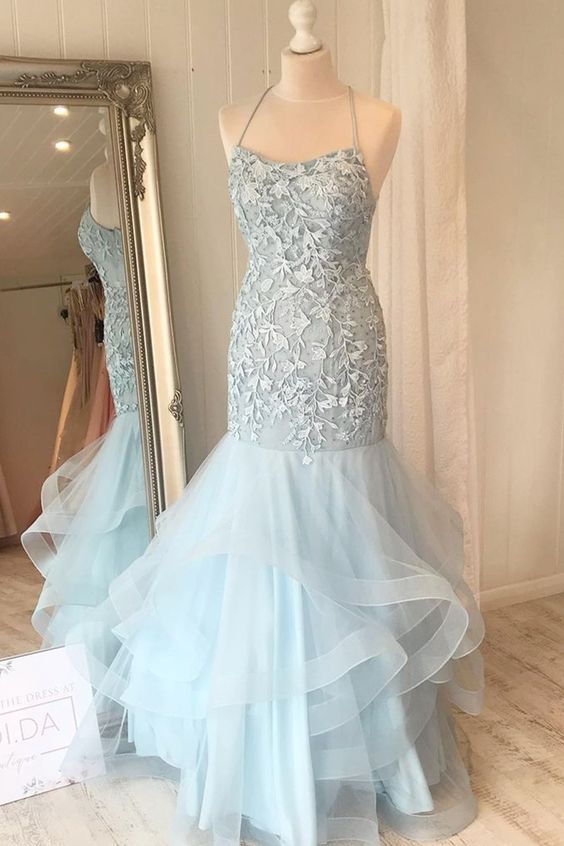 elegant mermaid light blue lace appliqued long formal dress prom dress 2021   cg20297
