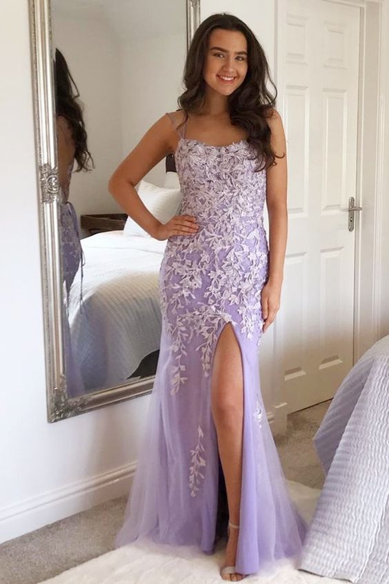 mermaid lavender lace appliques long prom dress with side slit    cg20298