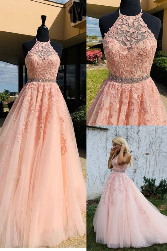 2021 Halter Pink Lace Prom Dress with Appliques,    cg20305