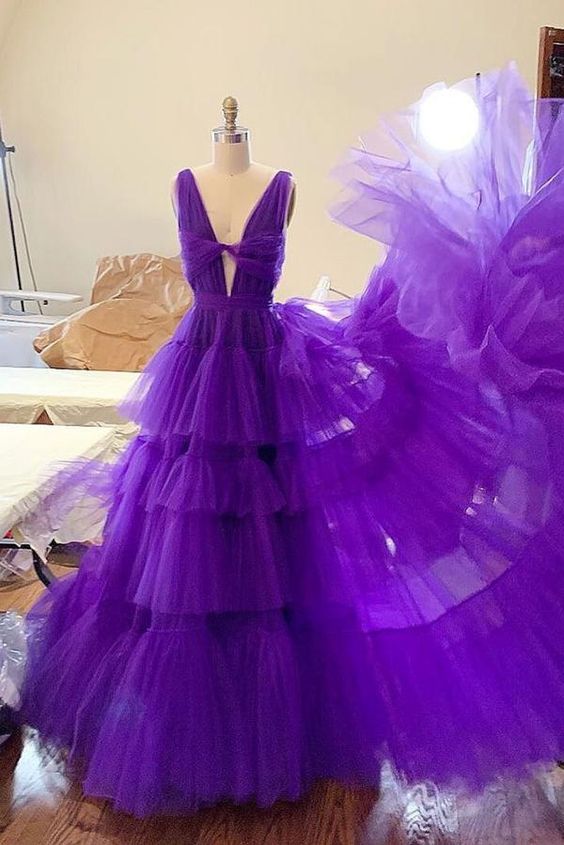 Purple tulle long prom dress, purple tulle evening dress cg2031