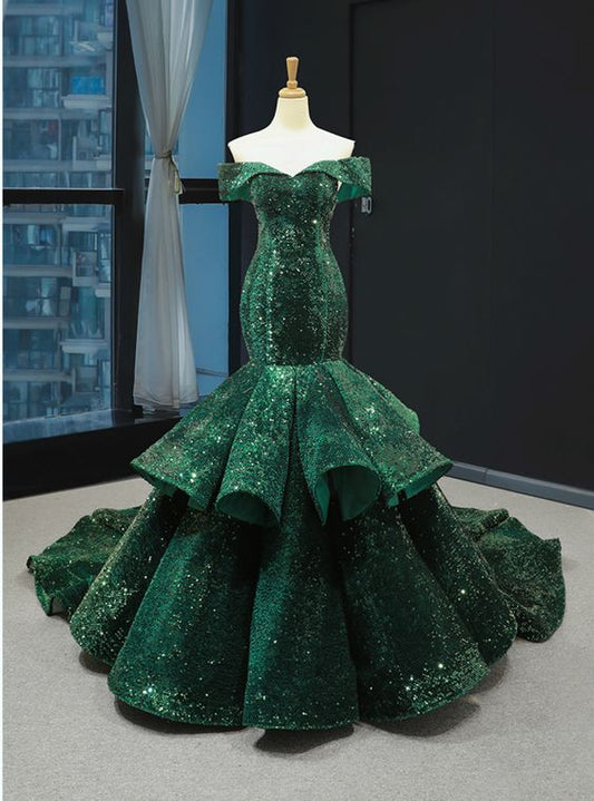 Green Mermaid Sequins Off the Shoulder Luxury Prom Dress With Train    cg20312