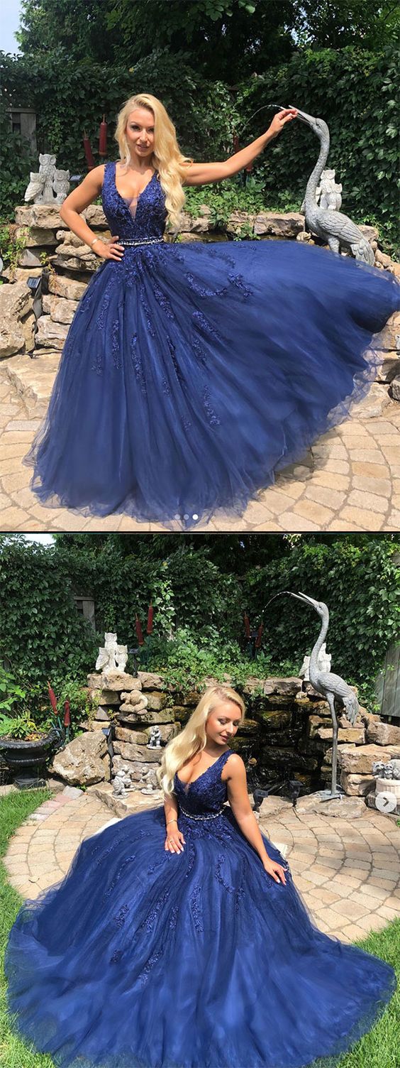 Blue v neck tulle lace long prom dress, blue bridesmaid dress cg2035