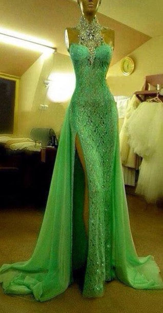 Custom Made Crystal Evening dresses Green High Neck Lace Prom Dresses With Slit Sexy Mermaid Crystal Beaded Prom Dresses   cg20361