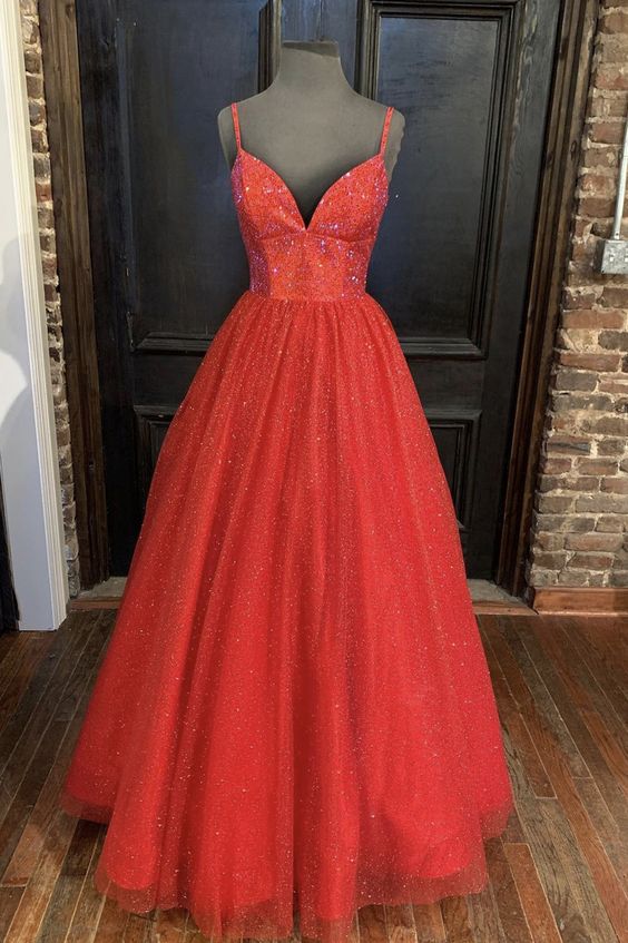 Red tulle beads long A line prom dress evening dress    cg20362
