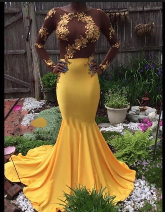 Simple Prom Dress, Long Sleeve Yellow Mermaid Satin Prom Dresses    cg20395