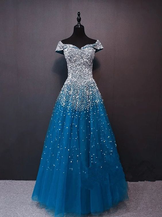Sparkle Beaded Long Formal Dress, Blue Prom Dress    cg20406