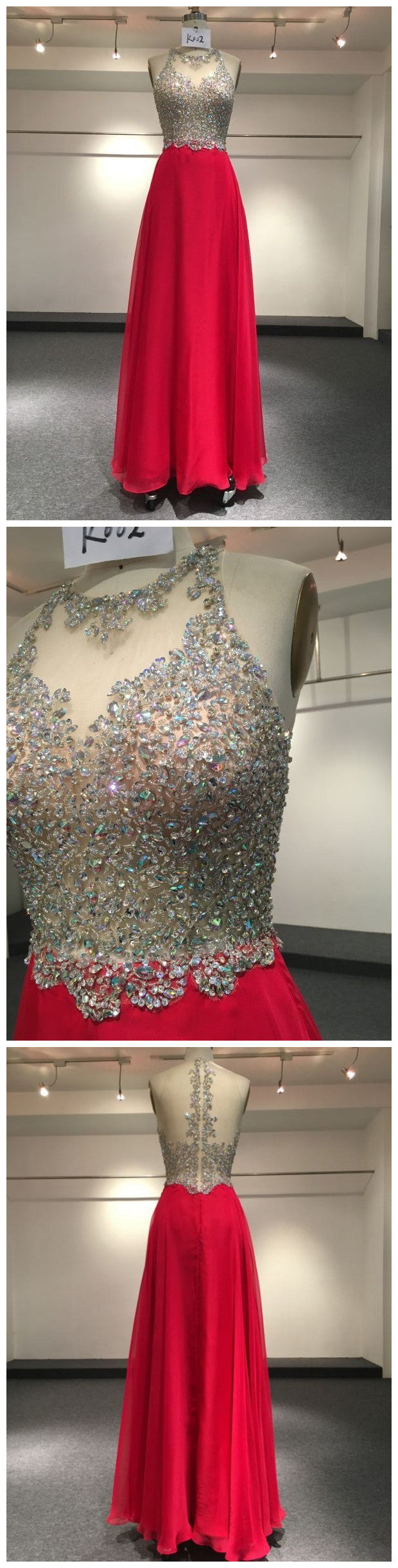 Gorgeous Real Sample Sleeveless O-neck High Collar Crystals And beadings Red Sexy Evening prom Dress   cg20424