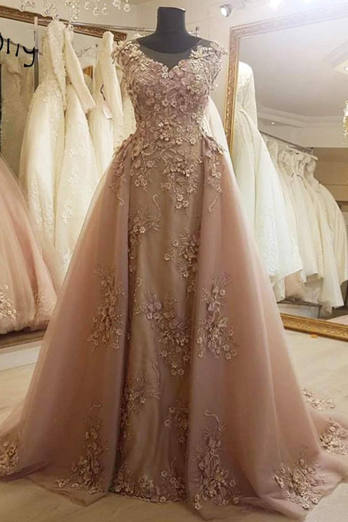 Deep champagne tulle cap sleeve long formal prom dress, evening dress with applique   cg20427