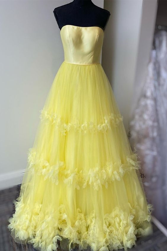strapless A-line yellow long prom dress formal gown    cg20429