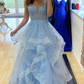 Long Prom Dress Blue v neck lace long ball gown dress blue evening dress    cg20435