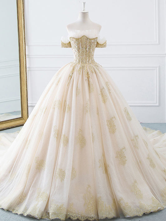 Princesse De Luxe Off The Shoulder Short Sleeve Beaded Sequins Appliques Luxury Princess Ball Gown Wedding Dress prom dress evening dress    cg20437