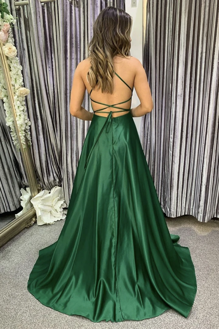 Green satin long A line prom dress evening dress    cg20446