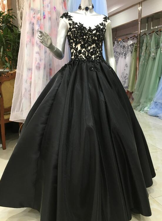 High Quality Satin With Lace Applique Round Neckline Formal Gown, Black Party Dresses Prom Dress    cg20448