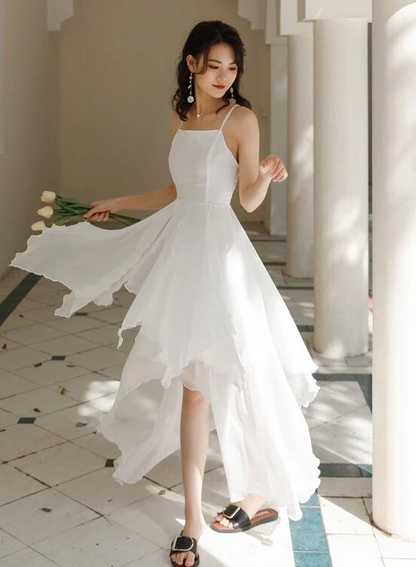 White Chiffon High Low Chic Simple Wedding Party Dress, White Short Prom Dress Graduation Dress   cg20451
