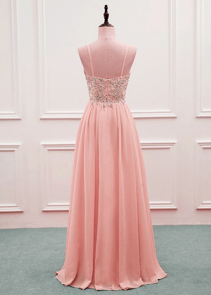 Pink Beaded Sweetheart Chiffon A-Line New Prom Dress, Pink Evening Gown Wedding Party Dress   cg20453