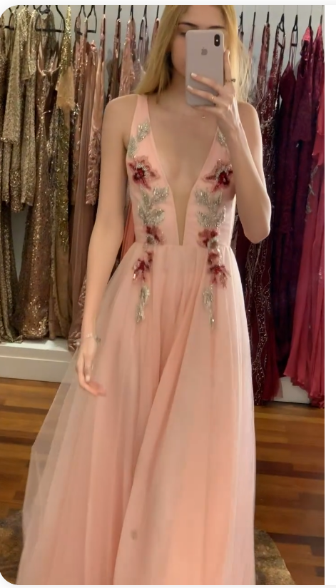 Deep V Neck Pink Long Prom Dress With Appliques    cg20457