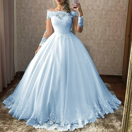 Off the shoulder blue tulle lace prom dress     cg20467
