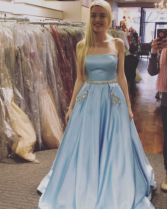 Light Blue Long Satin Prom Dresses,Beaded Prom Dresses For Teens    cg20468