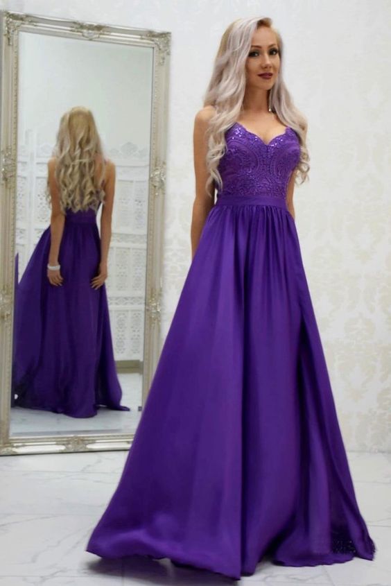 A-line Spaghetti Straps Grape Long Satin Prom Dresses Lace Top  cg20474