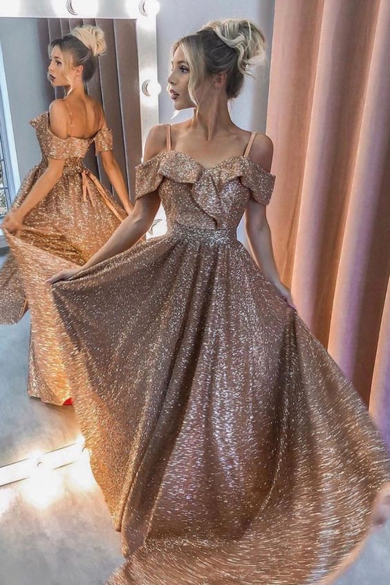 Gold Sparkly Prom Long Dresses 2021 Off The Shoulder Formal Evening Gowns    cg20487