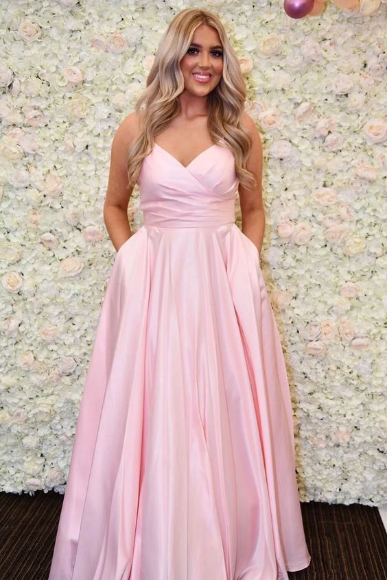 Simple V Neck Straps Pink Long Prom Dress with Pockets     cg20518
