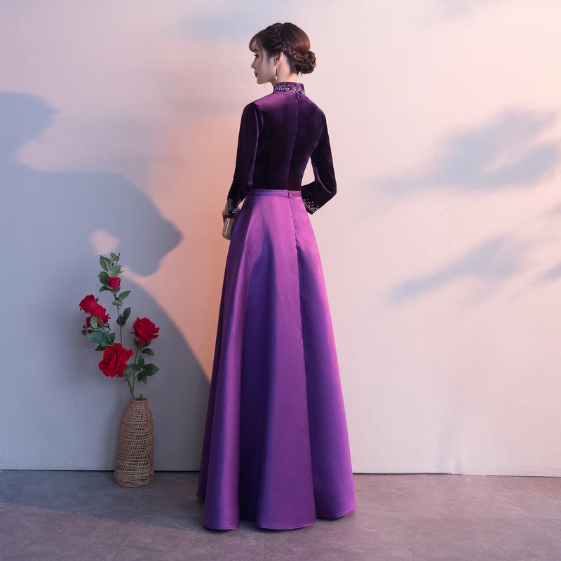Dark Purple Satin Long Sleeves Beaded Velvet Bridesmaid Dress, Purple Formal prom Dress   cg20522