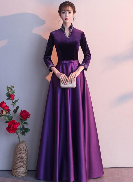 Dark Purple Satin Long Sleeves Beaded Velvet Bridesmaid Dress, Purple Formal prom Dress   cg20522