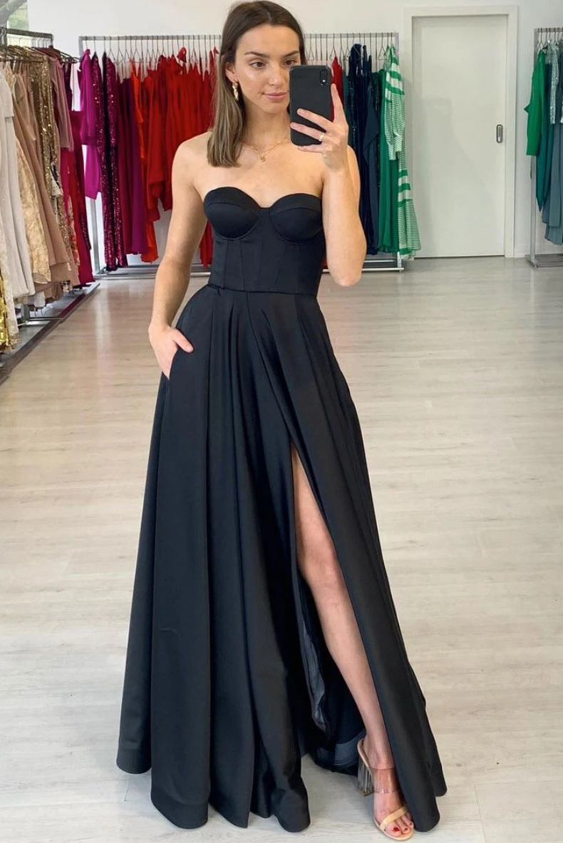 Simple black satin long prom dress black satin evening dress    cg20528