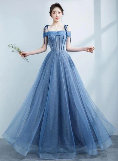 Blue Shiny Tulle Off Shoulder Beaded Straps A-line Party Dress, Blue Long Prom Dress   cg20535