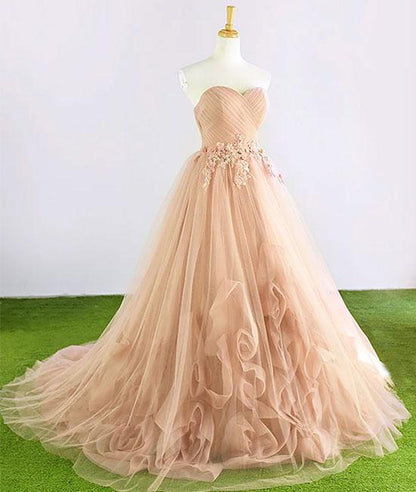 Champagne sweetheart neck tulle long prom dress, evening dress  cg20543