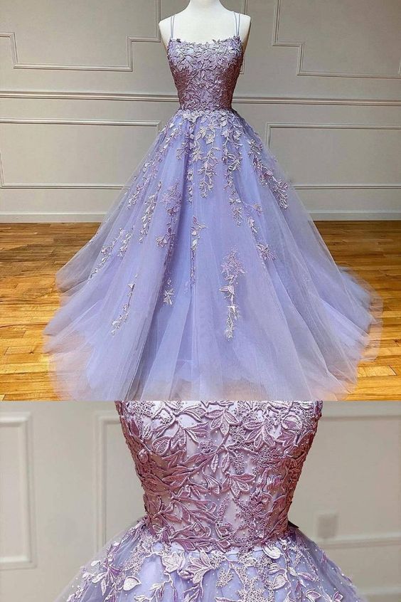 2021 Lavender Lace Tulle Prom Dress with Appliques    cg20557
