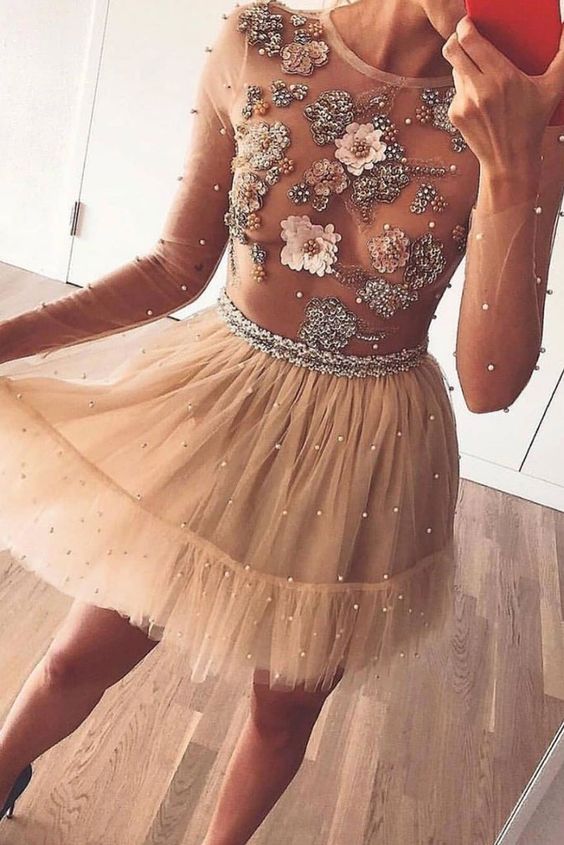Champagne tulle beads short dress, champagne homecoming dress cg2057